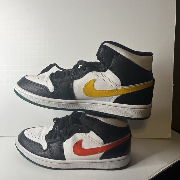 Nike Air Jordan 1 Black White Mid Alternate Swoosh Red Yellow SZ 8.5 BQ6472-063 - Picture 1 of 10